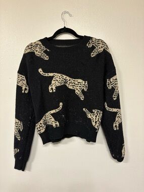 Black and Cream Leopard Pattern Crewneck Sweater - Women
